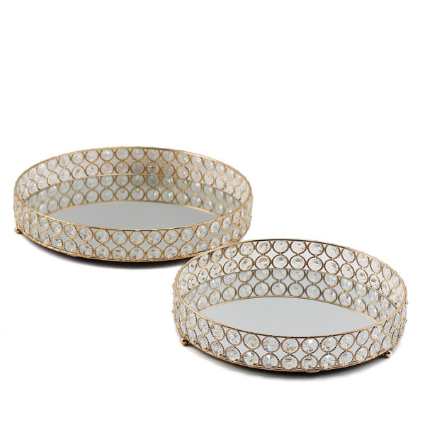 Mercer41 Set Of 2 Gold Metal Crystal Beaded Decorative Serving Trays